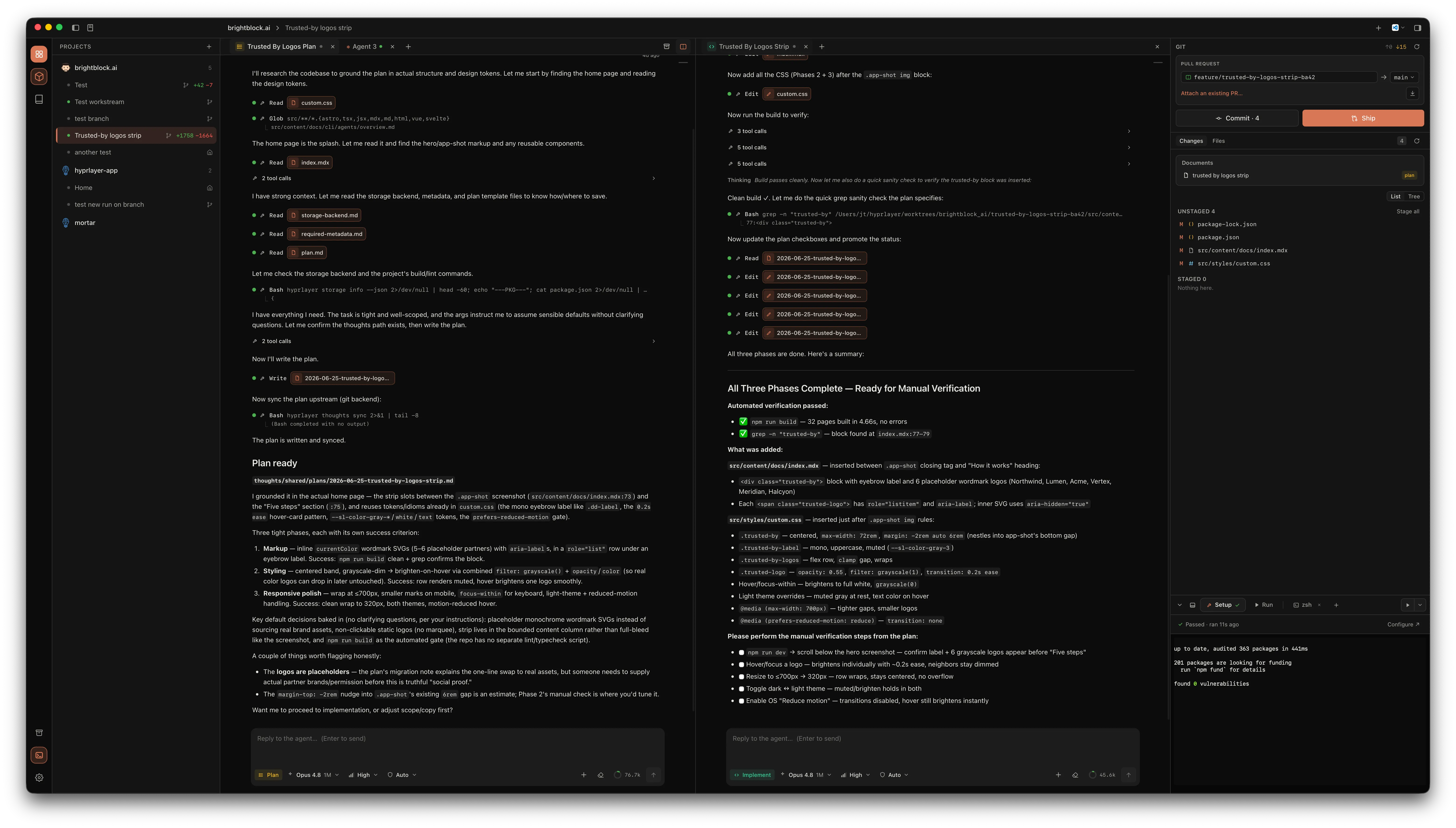 Hyprlayer desktop app — a Plan agent and an Implement agent running side by side, with the Git ship panel
