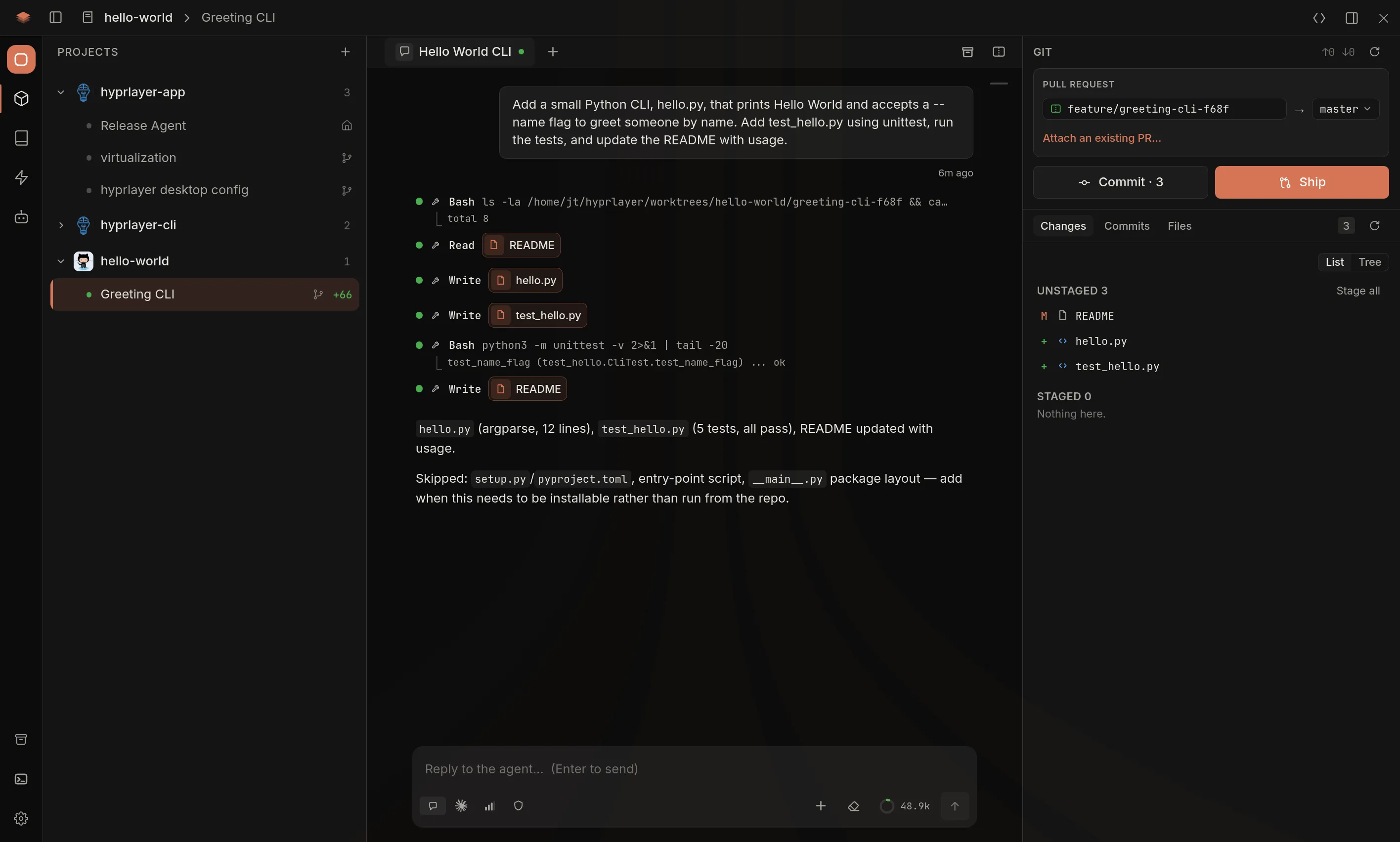 Hyprlayer desktop app: a Claude Code agent's transcript with tool calls and passing tests in one workstream, the Git panel on the right with three changed files, Commit, and Ship