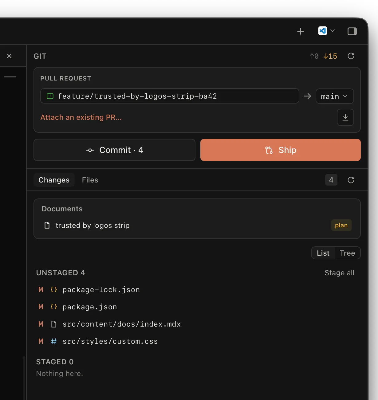 Hyprlayer Git panel — open a pull request from the workstream branch to main, commit, and Ship, with the staged file changes listed below