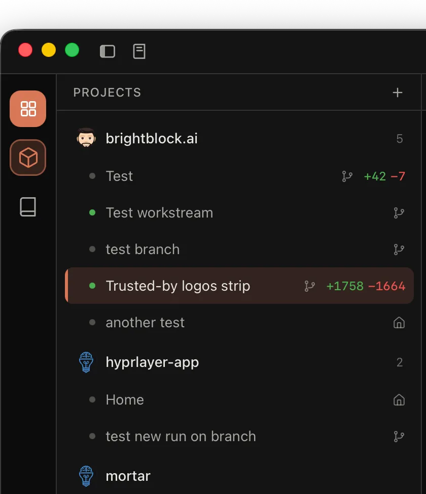 Hyprlayer Projects sidebar — projects with their workstreams, each on its own git branch with live diff counts; the active workstream highlighted