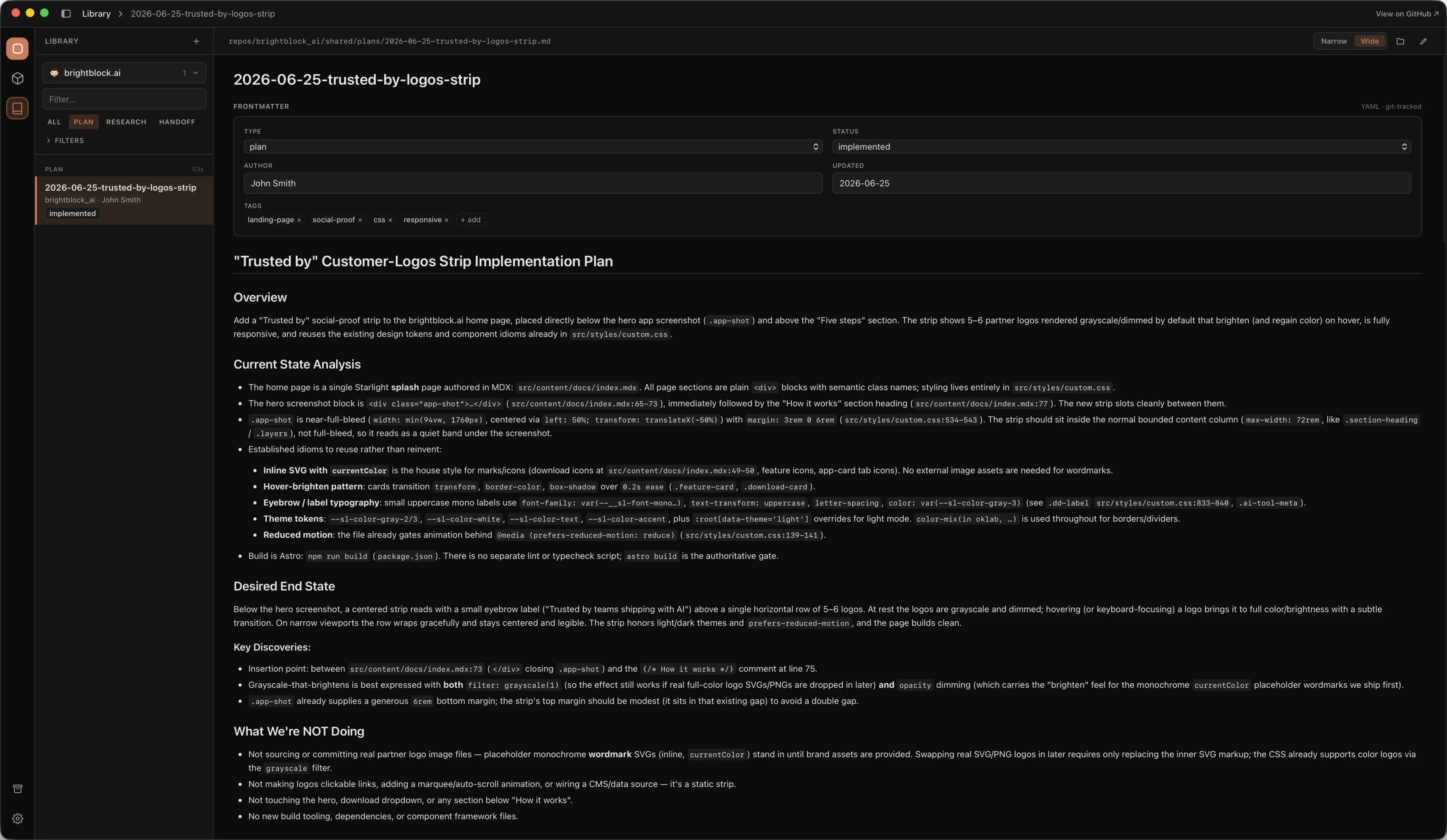 Hyprlayer Desktop showing the shared Library — an implemented plan spec rendered with its git-tracked frontmatter (type, status, author, tags) and a View on GitHub link, beside the team's document list of plans, research, and PRs